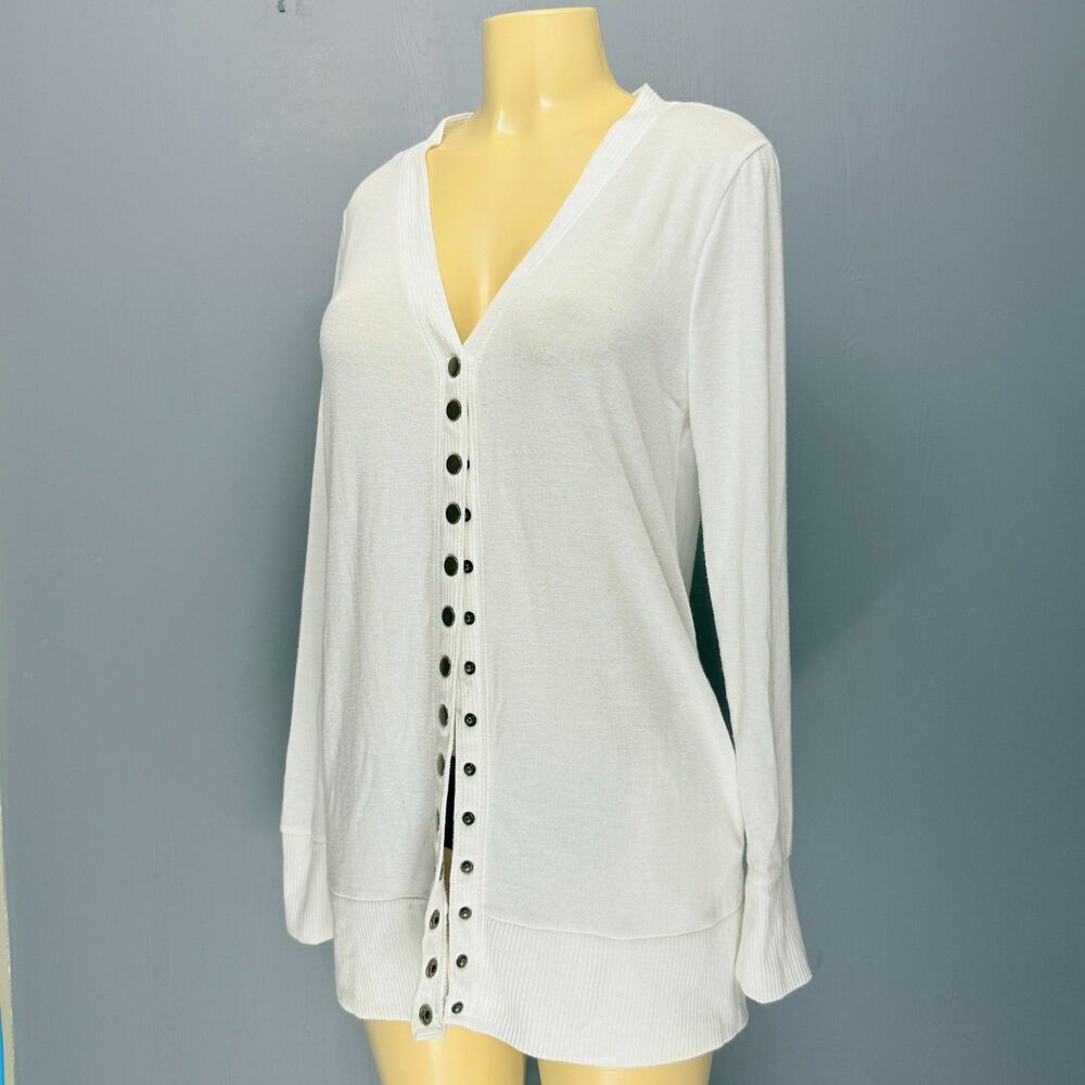 Zenana Outfitters Long White Sweater Cardigan | Brass Snap Front | XL